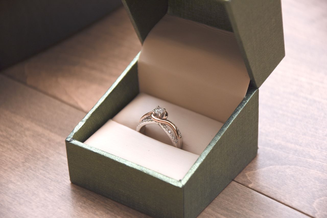 A stunning engagement ring displayed in an open ring box.