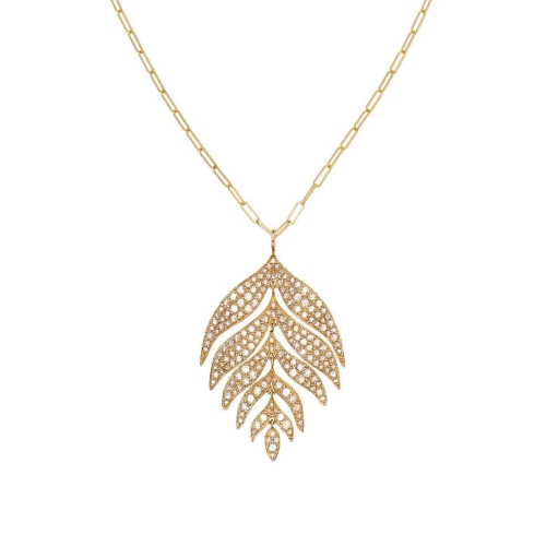 Gold necklace with a chain and an intricate leaf-shaped pendant, adorned with small sparkling gems.