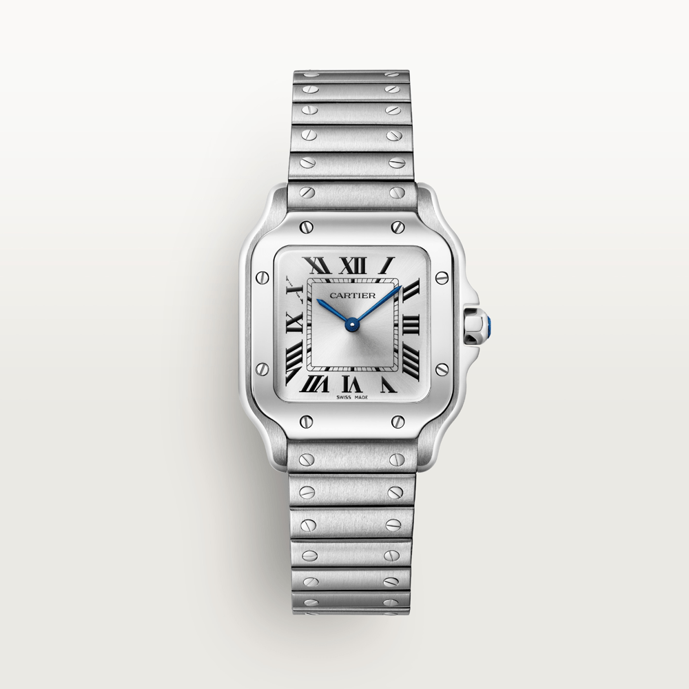 Cartier silver luxury watch with a metallic strap, square face, and Roman numerals.
