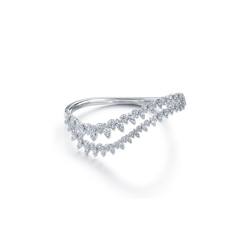 A silver bangle with two rows of teardrop-shaped diamonds set in a delicate design