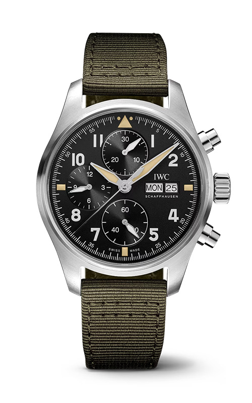 A IWC SCHAFFHAUSEN wrist watch with black dial, date dat complications, and textile khaki band.