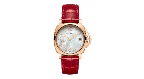 a Panerai watch with a rose gold case and red alligator strap